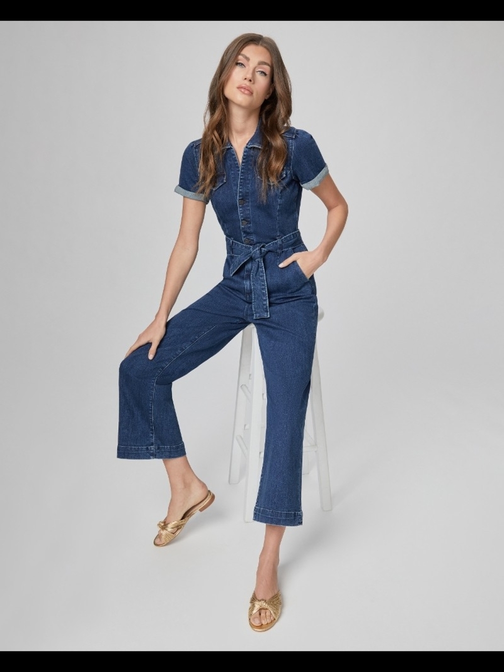 PAIGE Anessa Indigo Denim Short-Sleeve Jumpsuit with Tie Waist